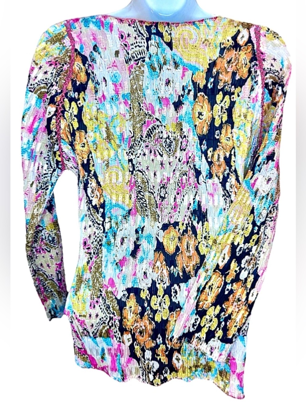 🌸ALBERTO MAKALI🌸 GEO CRINKLE SEQUIN CROCHET STRETCH PLUNGE NECK LONG SLEEVE TOP - Picture 6 of 16